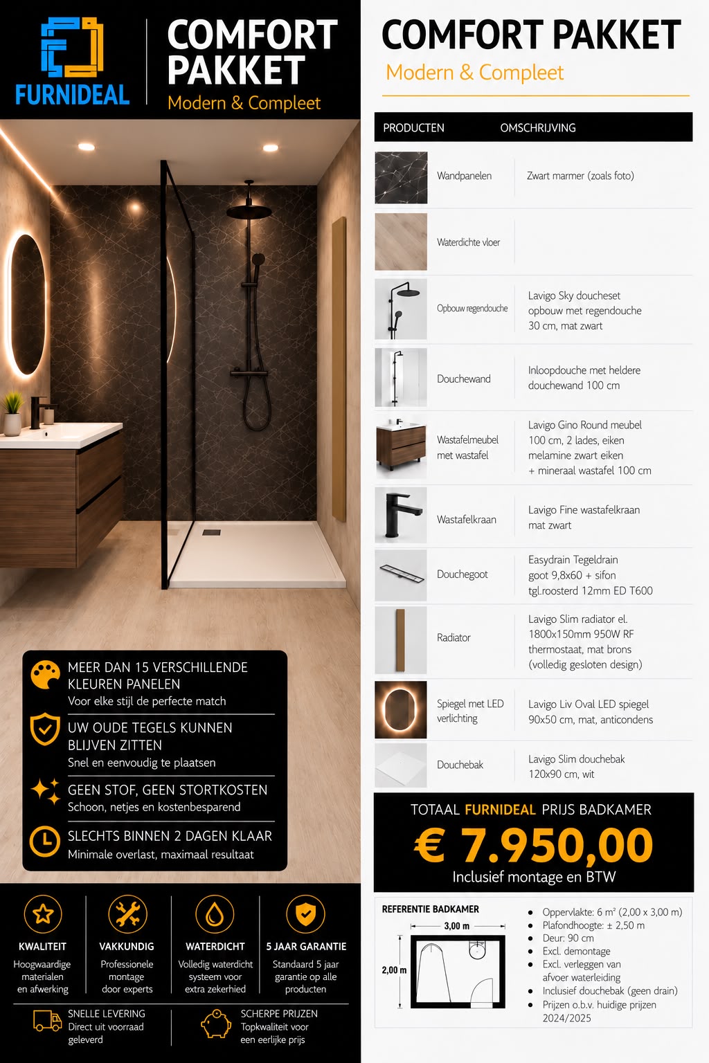 Comfort badkamer met zwart marmeren wandpanelen, houten wastafelmeubel en zwarte regendouche